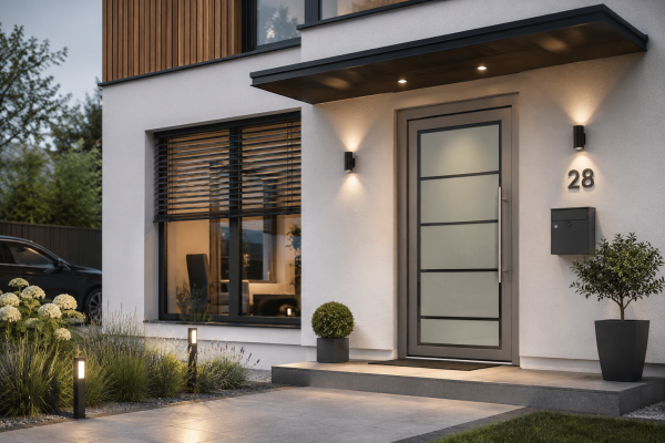 Glas und Kunststoff ergeben zusammen eine einladende Haustür im modernen Look.